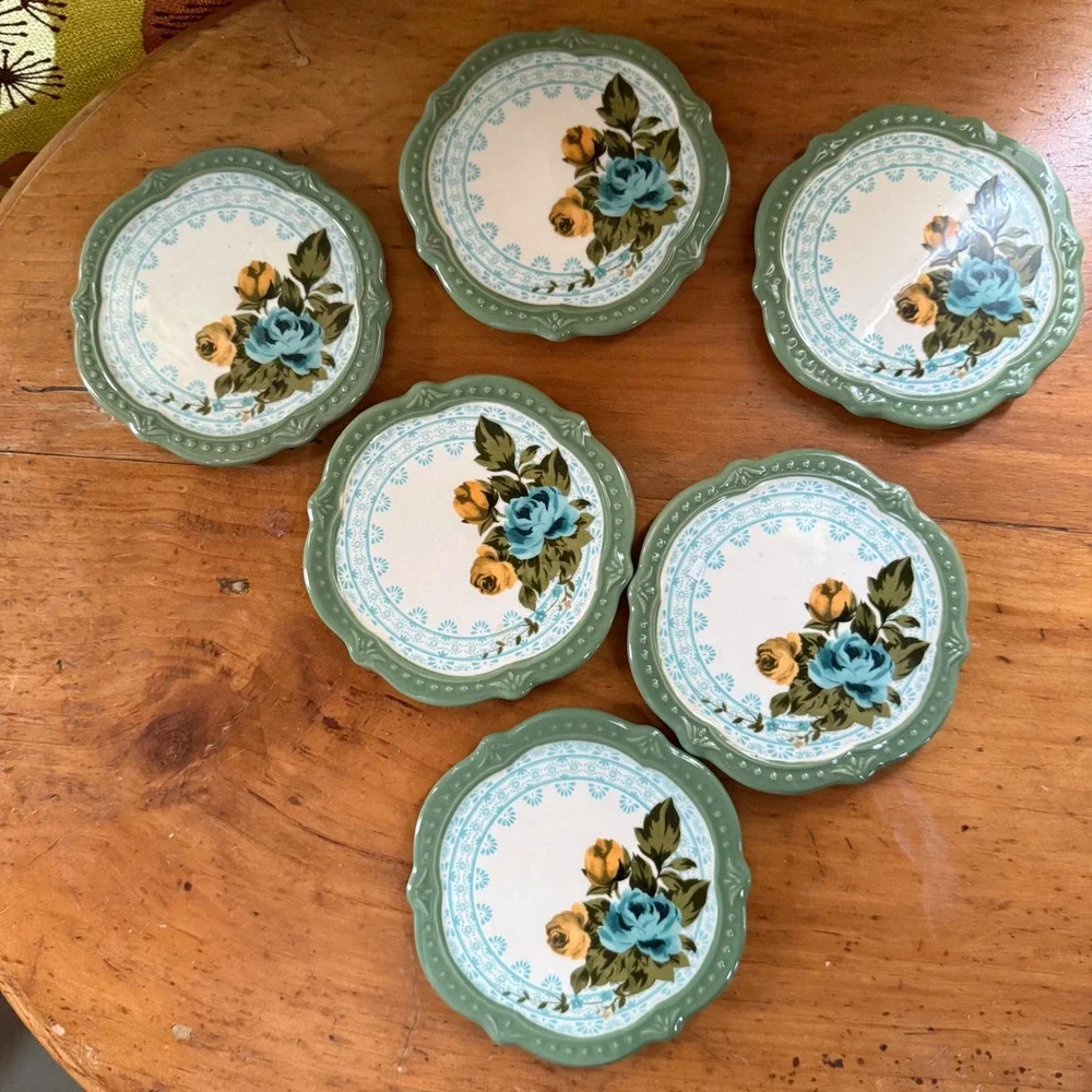 The Pioneer Woman Coasters Green Excellent Rose Shadow Stoneware 6pc